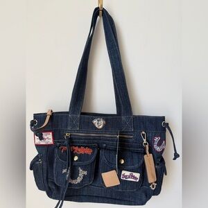 Viral True Religion dark Denim shoulder Tote Bag with patches and charms
